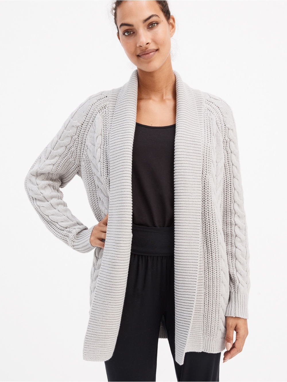 Haven Well Within women’s Cable Knit Gray open front L Collar Cardigan